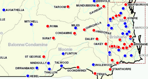 Location map - 2010 St George Flood (Red dots - flood inundated towns. Blue dots - flood affected towns)